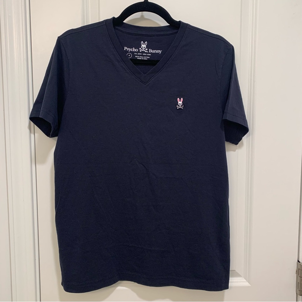 Psycho Bunny Men's Pima Cotton Dark Navy Blue V-Neck Logo T-Shirt Size 4 (Small)